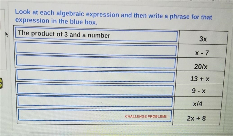 Looo at each algebraic expression and then write a phrase for that expression in the-example-1