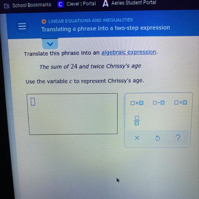 Translate this phrase into an algebraic expression. The sum of 24 and twice Chrissy-example-1