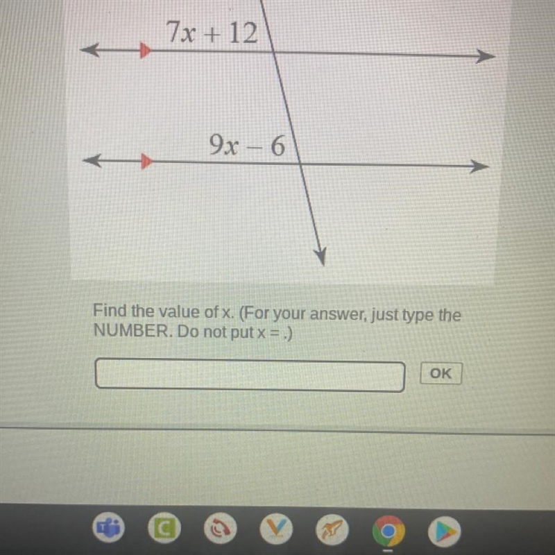 Find the value of x. (For your answer, just type the NUMBER. Do not put x = .)-example-1