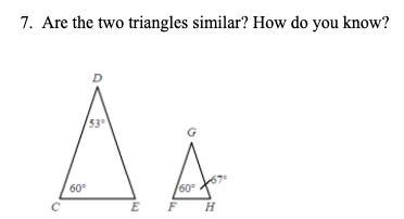 (GEOMETRY) Are the two triangles similar? How do you know? (image attached)thank you-example-1