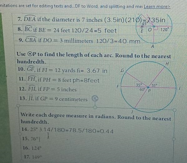 write each degree measure in radians round to the nearest hundred 76 degrees 124 degrees-example-1