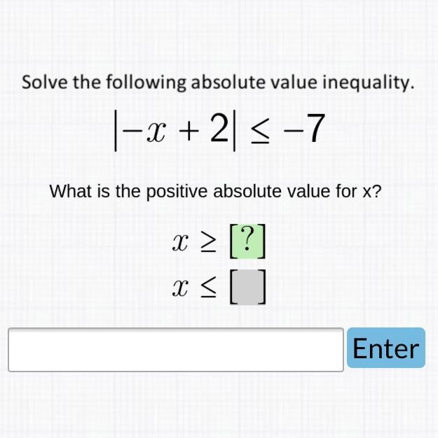 Solve the following absolute value inequality. |-x+2|≤ −7 What is the positive absolute-example-1