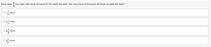 Oscar spent 2/3 hours each night doing homework for five nights this week. How many-example-1