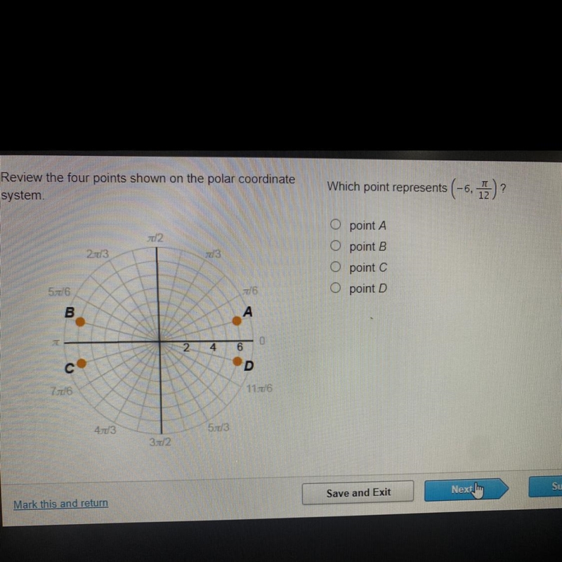 Review the four points shown on the polar coordinate system. 5ad6 B C 76 27/3 4/3 2 3/2 N-example-1