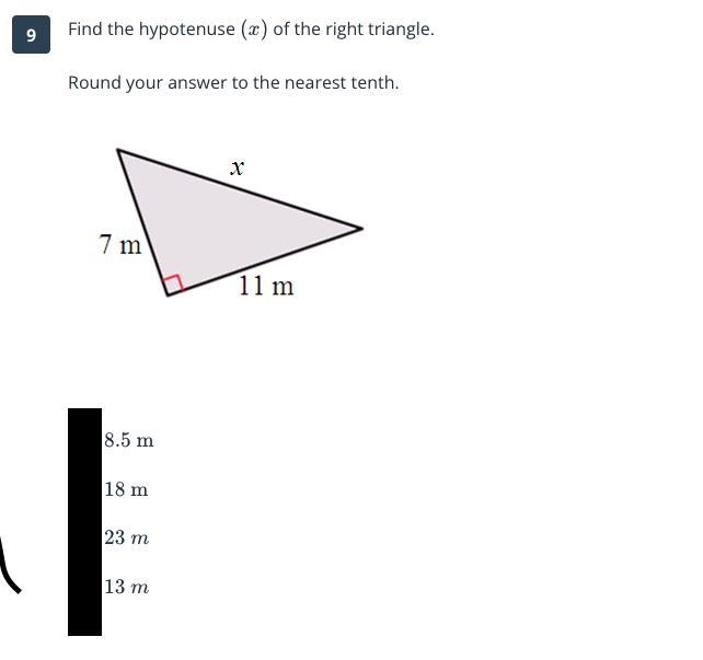 PLEASE HELP! ASAP! Find the hypotenuse (X) of the right triangle. ROUND THE ANSWER-example-1