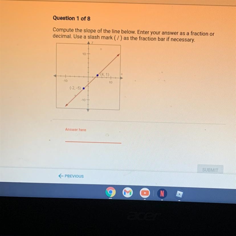 Question 1 of 8Compute the slope of the line below. Enter your answer as a fraction-example-1