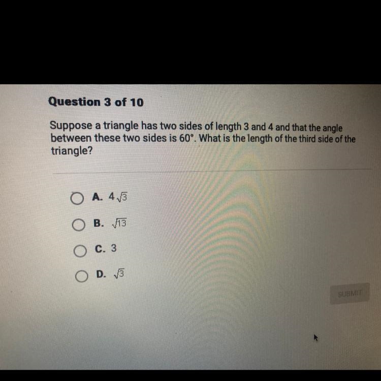 Suppose a triangle has two sides of length 3 and 4 and that the angle between these-example-1