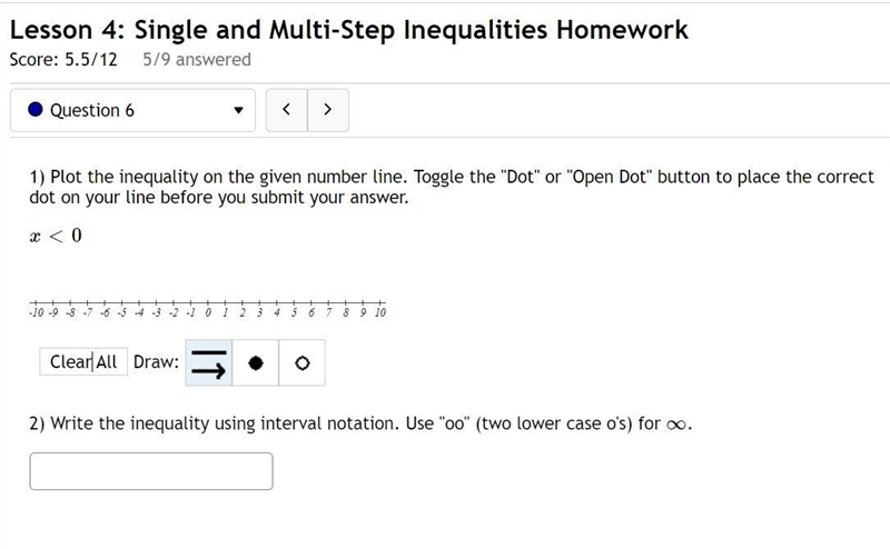 Plot the inequality on the given number line. Toggle the "Dot" or &quot-example-1