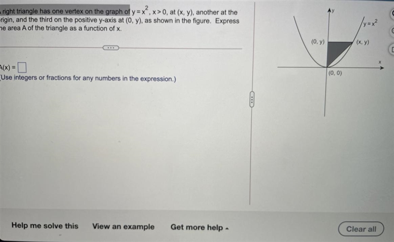 Express the area A of the triangle as a function of x. a(x)=-example-1