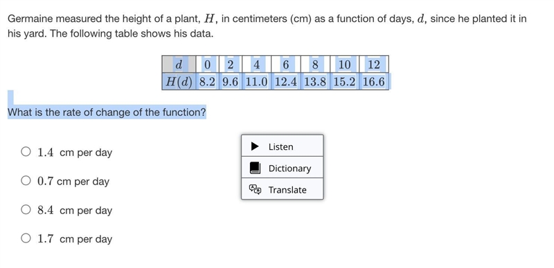 Germaine measured the height of a plant, H, in centimeters (cm) as a function of days-example-1