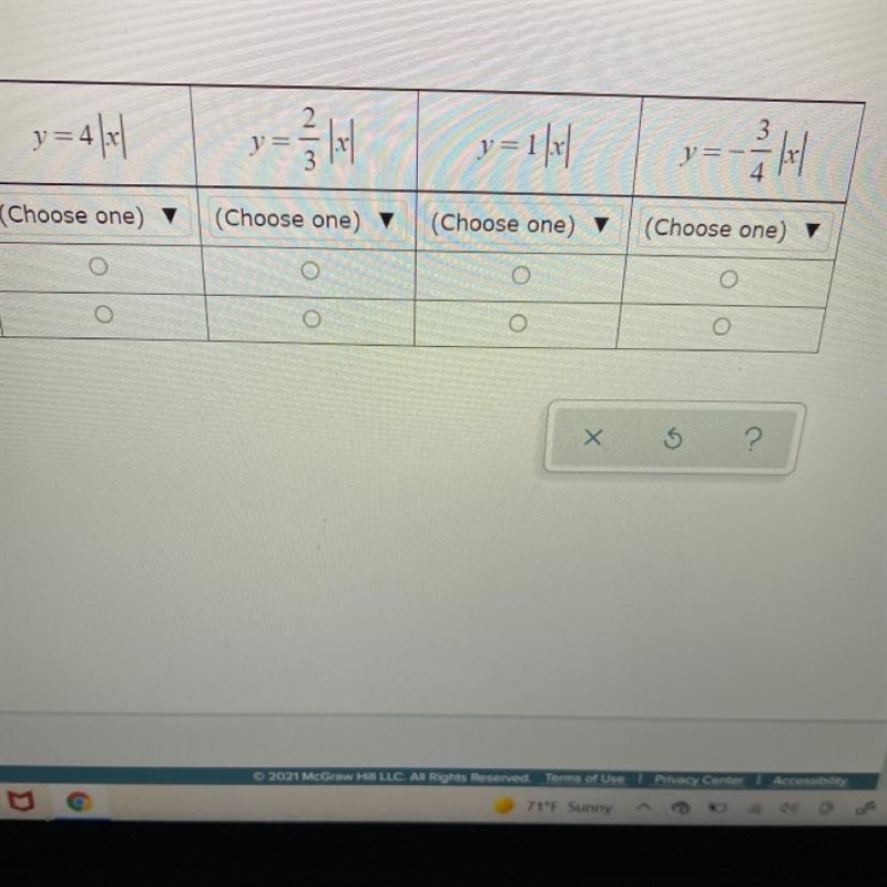 For each function choose whether it’s graph opens upward or downward.Choose the equation-example-1