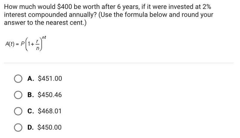 How much would $400 be worth after 6 years, if it were invested at 2%interest compounded-example-1