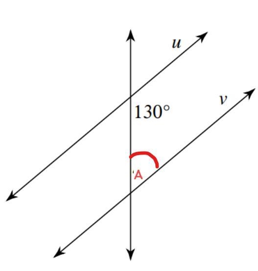 If m∠A is 50°, can you conclude that Line u and Line v are parallel? If so, provide-example-1