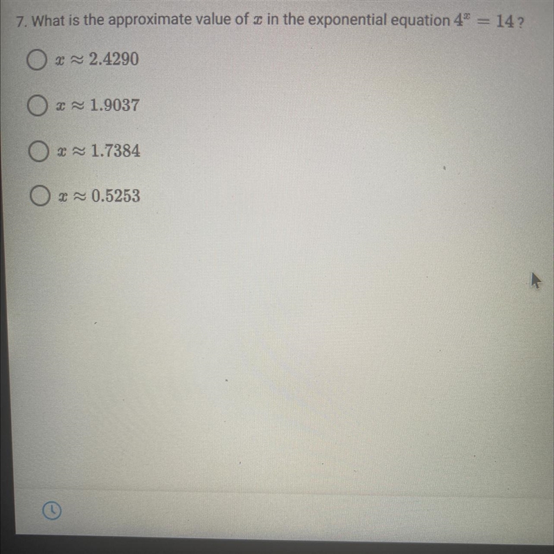 What is the approximate value of x in the exponential 4^x=14?-example-1