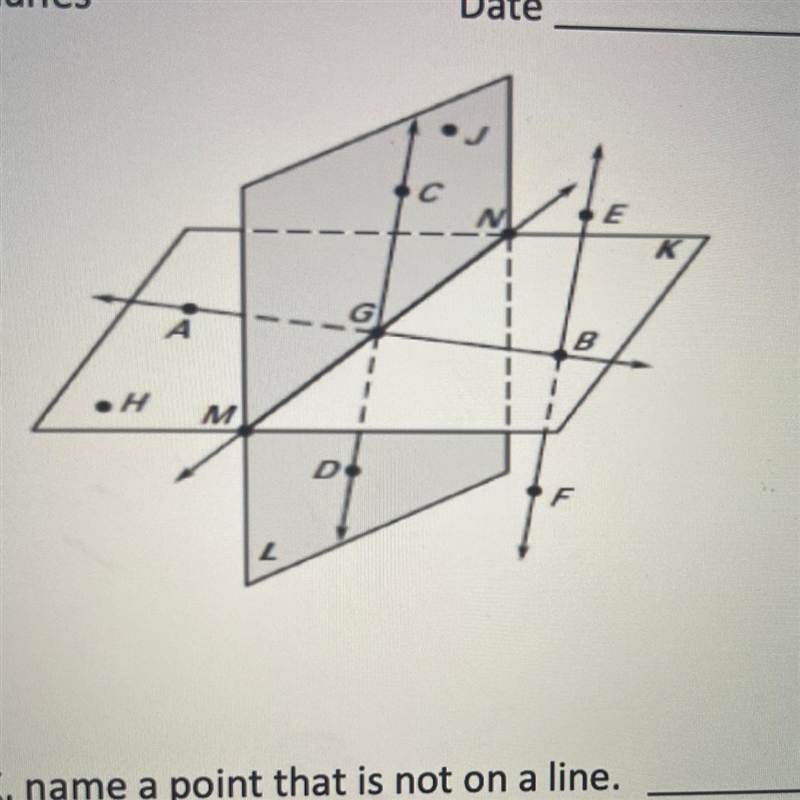 Using plane K, name a point that is not on the line.-example-1