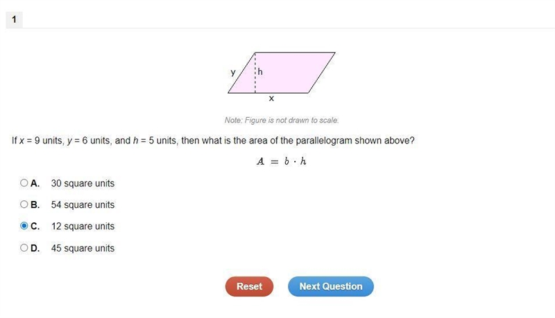 If x = 9 units, y = 6 units, and h = 5 units, then what is the area of the parallelogram-example-1