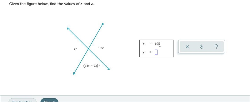 Pls help me Given the figure below, find the values of x and z. 105° z° −14x23°-example-1