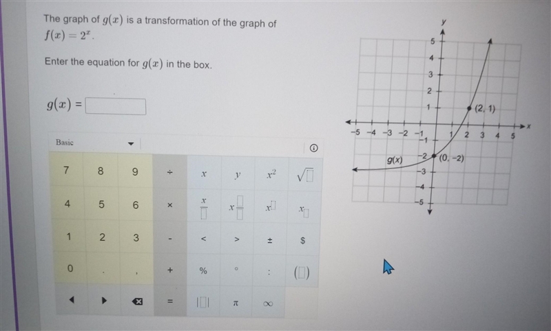 The graph of g(x) is a transformation of the graph of f(x) = 2². Enter the equation-example-1