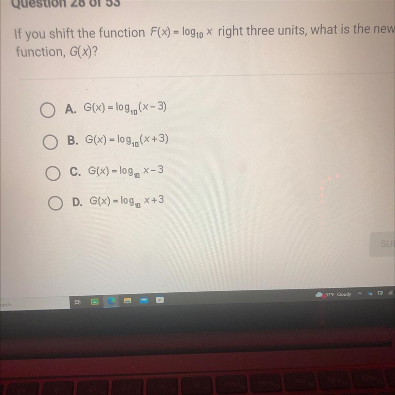 If you shift the function F(x) = log10 x right three units, what is the newfunction-example-1