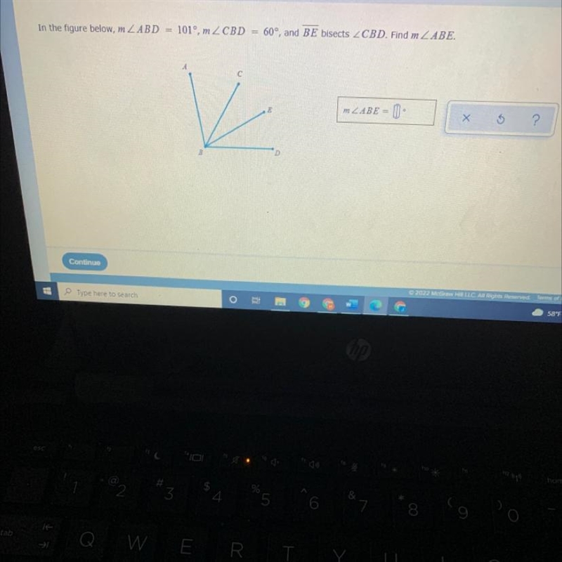 In the figure below, m angle ABD= 101, m angle CBD= 60 and BE bisects angle CBD. find-example-1