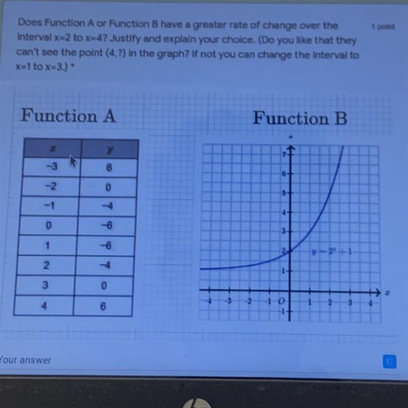 Does Function A or Function B have a greater rate of change over the Interval x=2 to-example-1