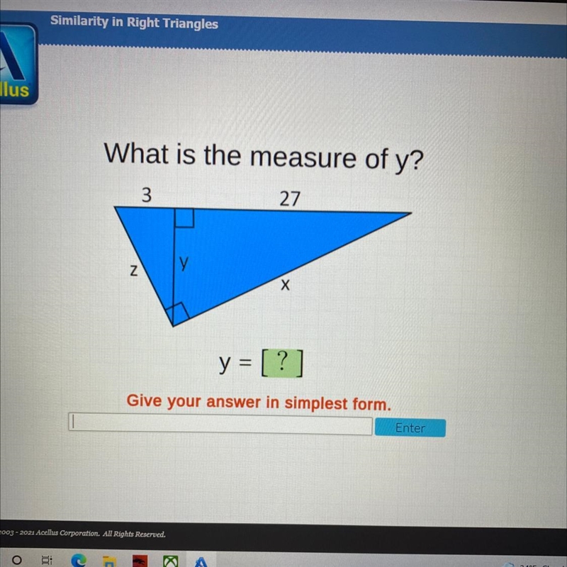 What is the measure of y?327ZlyХy = [ ? ]Give your answer in simplest form.Enter-example-1