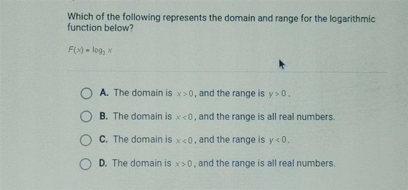 Question 6 of 46 Which of the following represents the domain and range for the logarithmic-example-1