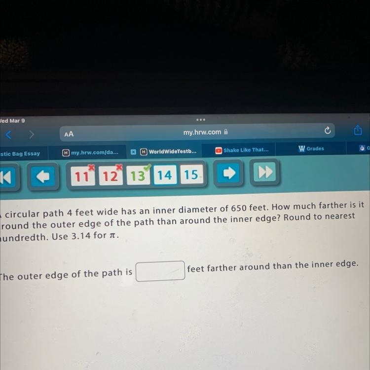 A circular path 4 feet wide has an inner diameter of 650 feet. How much farther is-example-1