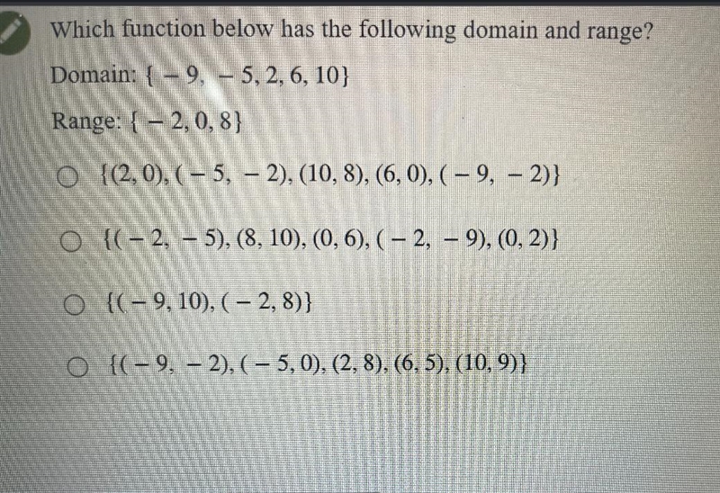 Which function below has the following domain and range?Domain: {-9, - 5, 2, 6, 10}Range-example-1