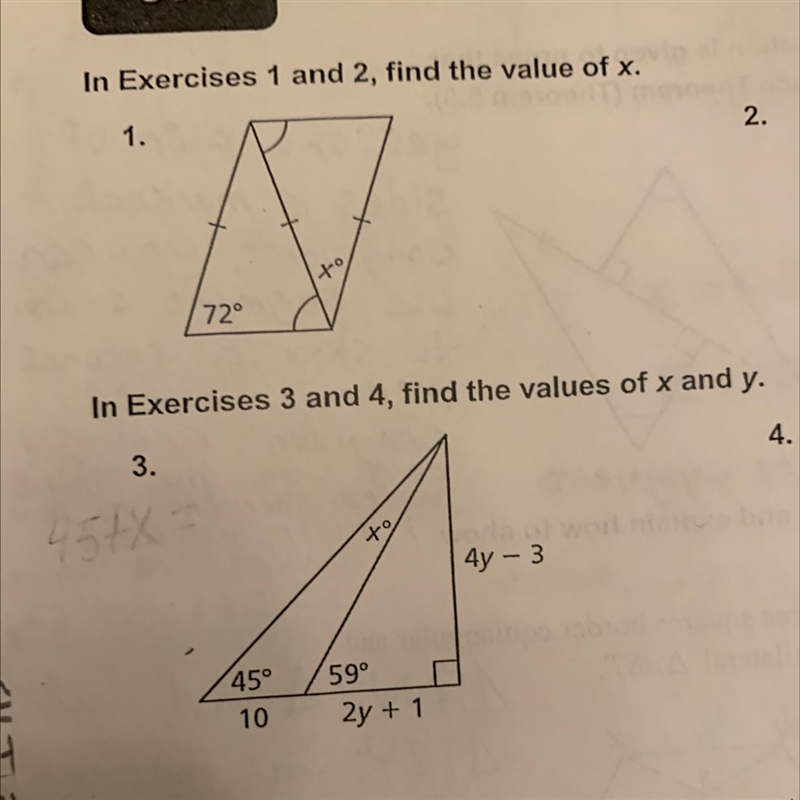 In exercises 3 and 4 , find the values of x and y.-example-1