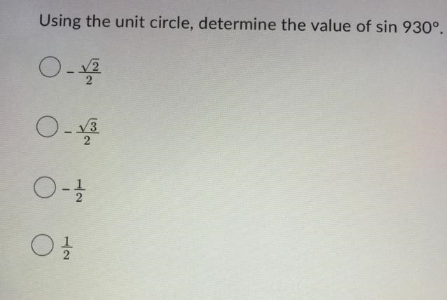 Using the unit circle, determine the value of sin 930°-example-1