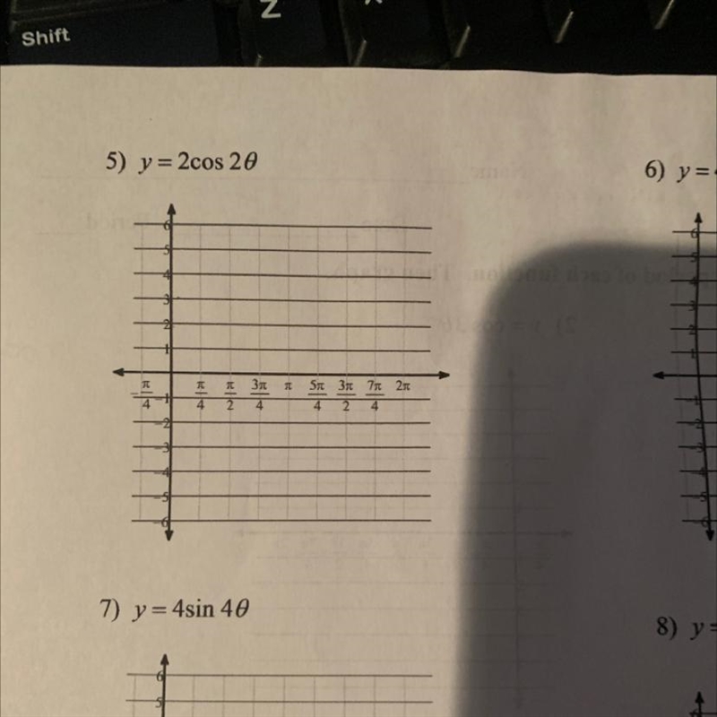 Question 5. using radians, find the amplitudeand period of each function and graph-example-1