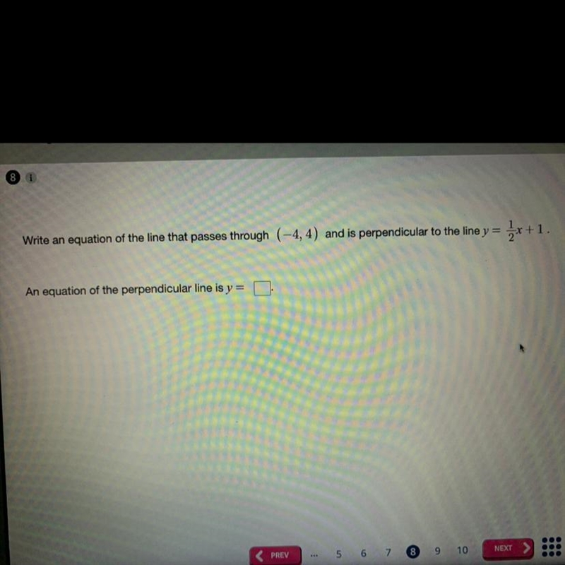 Write an equation of the line passes through (-4,4) y=1/2x+1-example-1