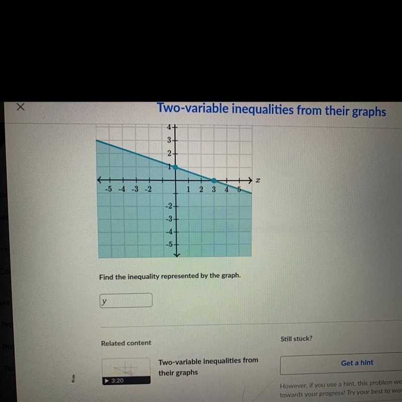 Two variable inequalities from their graphs Find the inequality represented by the-example-1