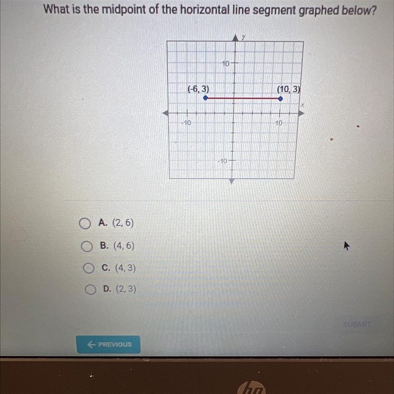 Pretest Unit 1What is the midpoint of the horizontal line segment graphed below?10(-6,3)(10, 3)10-10X-example-1