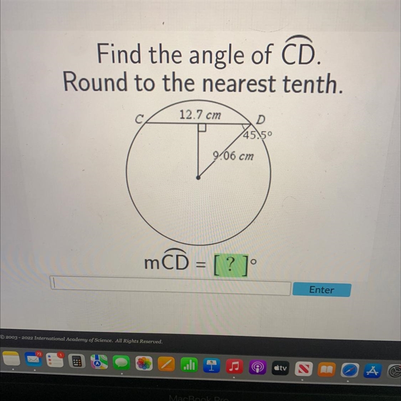 Find the angle of CD.Round to the nearest tenth.12.7 cmD45.509.06 cmmĆD = [ ?[?]O-example-1