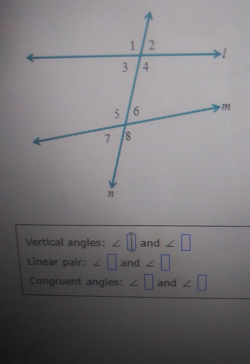 For the figure below, give the following. (a) one pair of vertical angles (b) one-example-1