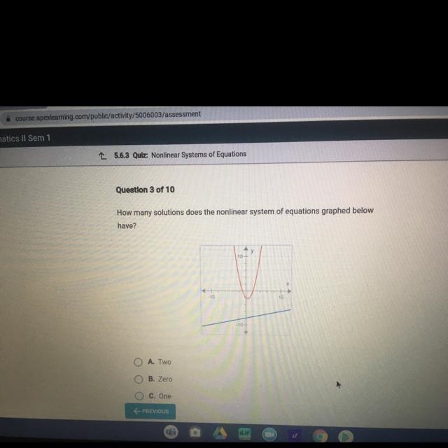 Question 3 of 10How many solutions does the nonlinear system of equations graphed-example-1