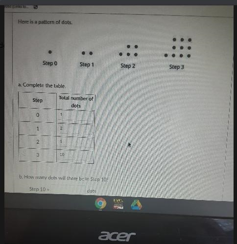 Here is a pattern of dots. how many dots will there be in step 10-example-1