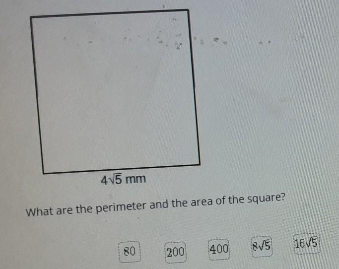 This figure is a square, with side lengths as shown. 4 √(5) mm What are the perimeter-example-1