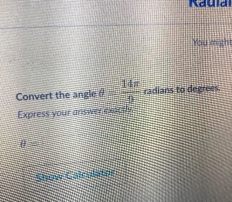 Convert the angle 0= 14 9 radians to degrees. Express your answer exactly. 0 =-example-1