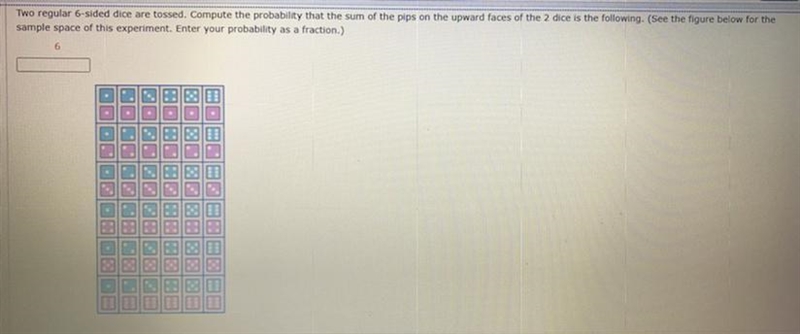 Two regular 6-sided dice are tossed. Compute the probability that the sum of the pips-example-1