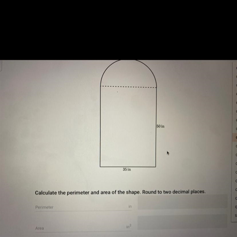 Calculate the perimeter and area of the shape. Round to two decimal places.-example-1