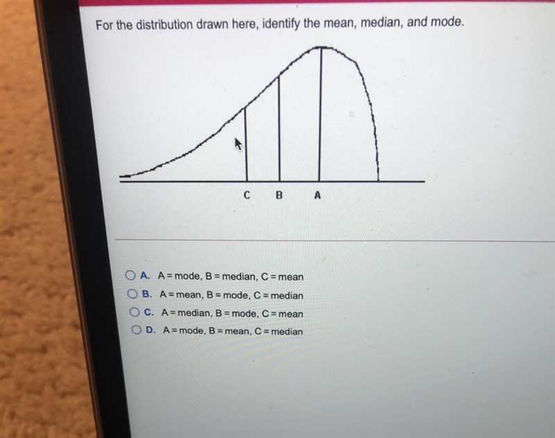 For the distribution drawn here, identify the mean, median, and mode.-example-1