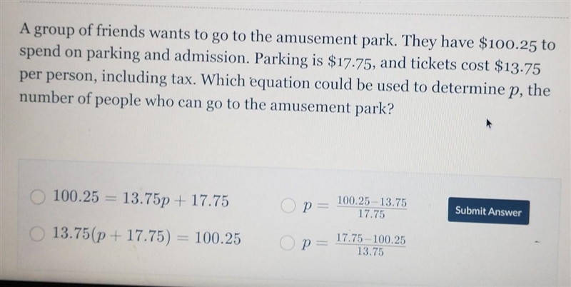 *which equation could be used to determine p, the number of people who can go to the-example-1