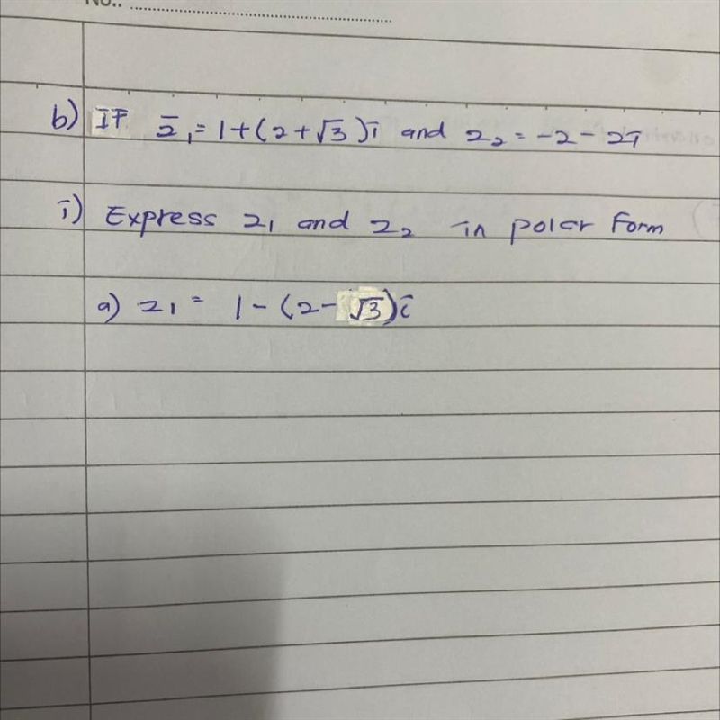 I) Express Z1 in polar Form a) Z1=1-(2-√3)i (complex number)-example-1