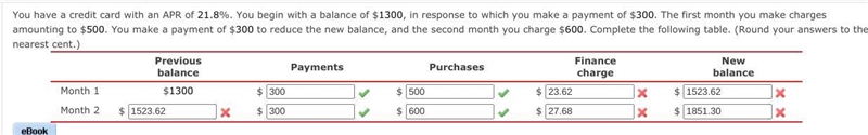 You have a credit card with an APR of 21.8%. You begin with a balance of $1300, in-example-1