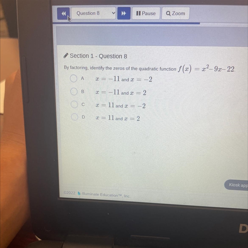 Section 1- Question 8By factoring, identify the zeros of the quadratic function f-example-1