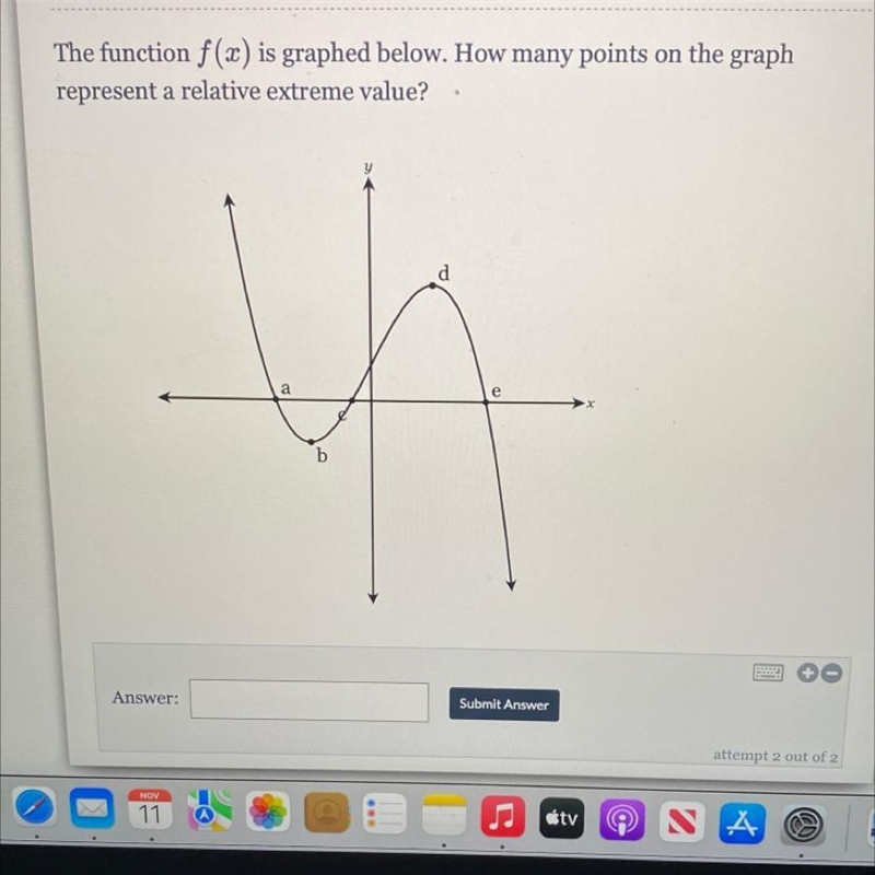 The function f(x) is graphed below. How many points on the graph represent a relative-example-1