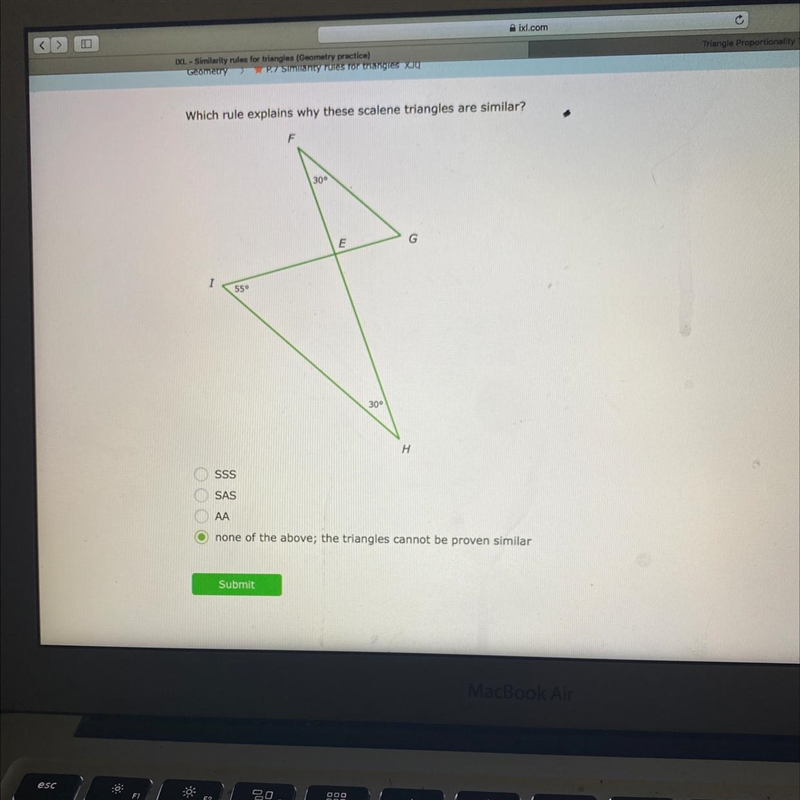 Which rule explains why these scalene triangles are similar? F 300 E G I 550 30 H-example-1